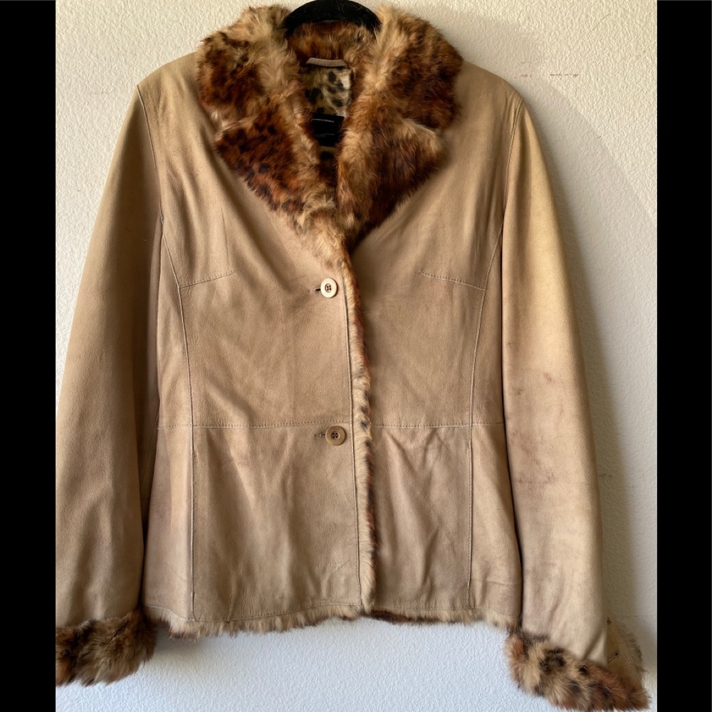 Suede coat with fur trim